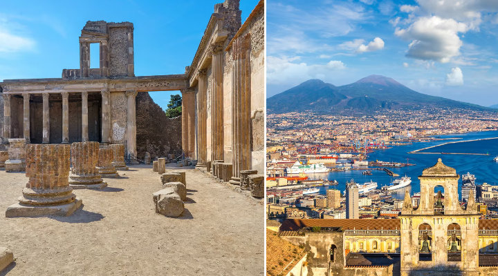 Scavi di Pompei e panorama di Napoli