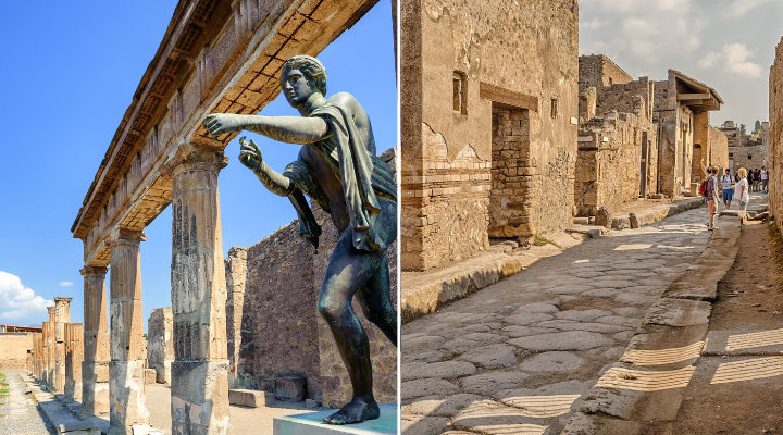 A sinistra Santuario di Apollo, sulla destra tipica strada pompeiana. Pompei in bus da Roma