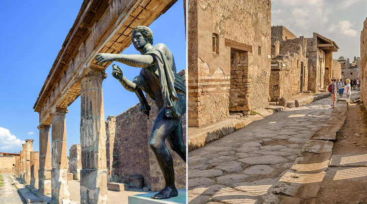 On the left Sanctuary of Apollo, on the right a typical Pompeian road.  Pompeii by bus from Rome